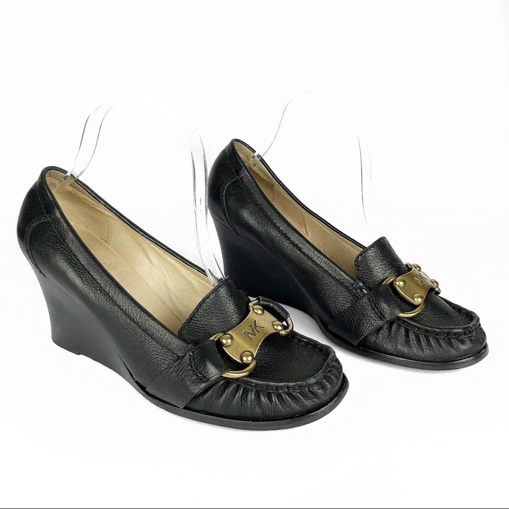Michael Kors Leather Wooden Stacked Wedge Loafers With Gold Timed Logo Plate 8.5